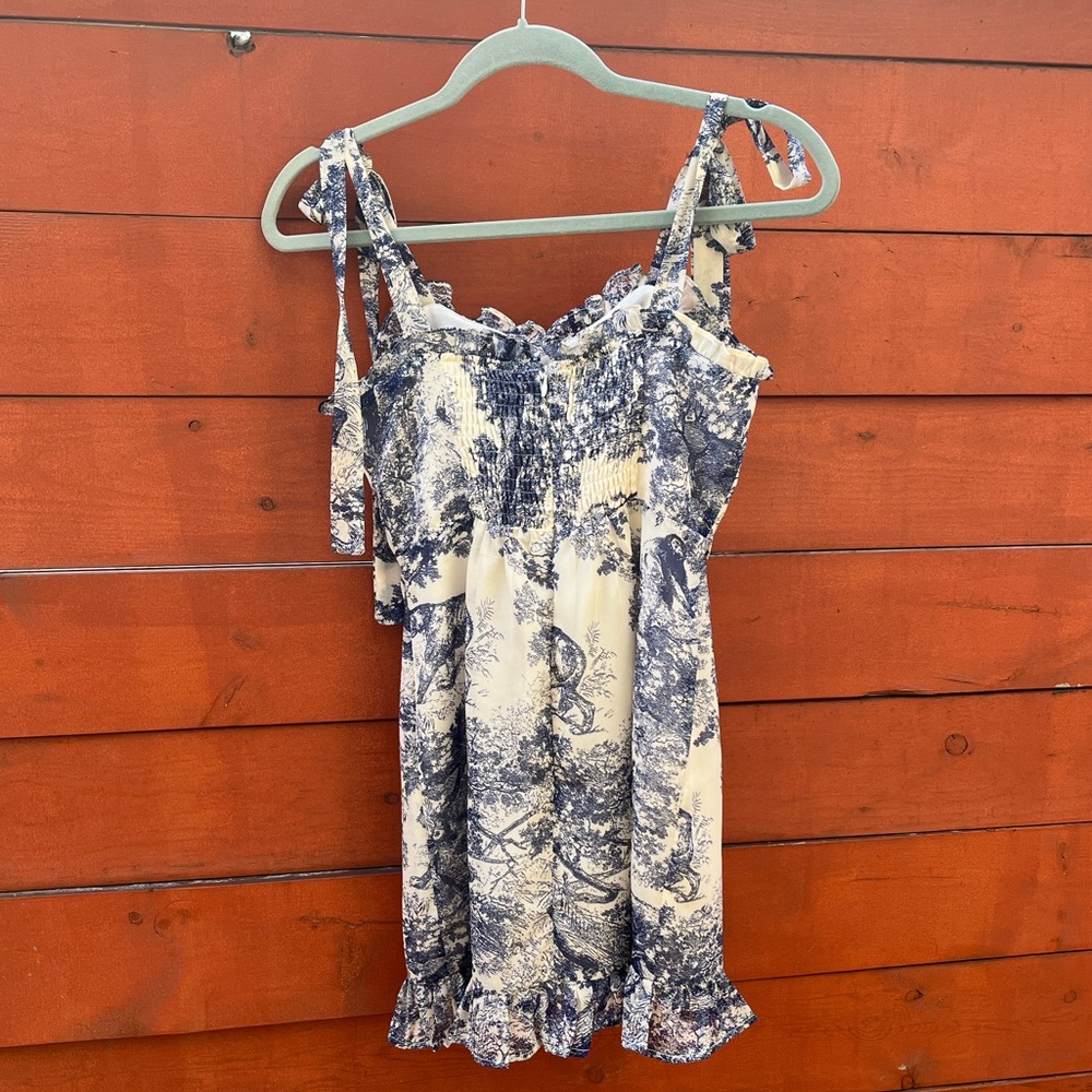 Lulus size xs Breeze the Day Blue and White Print Tie-Strap Mini Dress - Picture 7 of 9